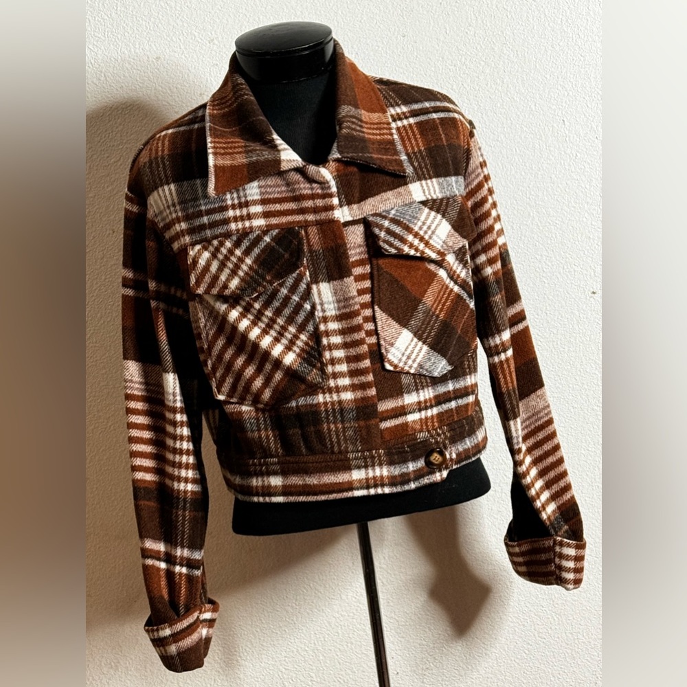 HYFIVE HYFIVE HYFIVE Plaid Jacket. Large Dark Brown, Light Brown & Cream
